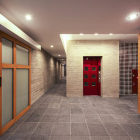 エントランスホール<br />
平面計画上、陽光が射さない場所にホールを配置する必要があった為、間接照明を多用し、暗さを感じない空間となるよう配慮した。 エントランスホール<br />
平面計画上、陽光が射さない場所にホールを配置する必要があった為、間接照明を多用し、暗さを感じない空間となるよう配慮した。