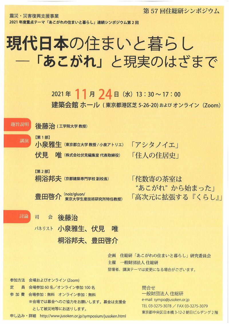 第57回 住総研シンポジウム「現代日本の住まいと暮らし－「あこがれ」と現実のはざまで」