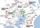 図版:東京外かく環状道路(外環道)と首都圏中央連絡自動車道(圏央道)地図 図版:東京外かく環状道路(外環道)と首都圏中央連絡自動車道(圏央道)地図