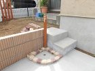 狭山市：立水栓も木彫のアルミの物を使用し、受けは色違いのピンコロを組み合わせました