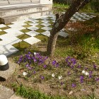 さらに進みますと玄関袖に市松模様が見えてきました。 御影石と苔の合わせ技です。