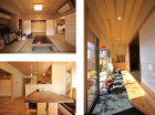 大屋根のフォルムが美しい家。土間玄関と続... 左上) 二間続きの和室は、天井の高さや欄...