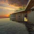?夕暮れ時の海の家