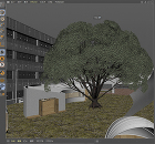 CGリメイク.08_中庭の図書館_外_Cinema4d作業画面_大きな木の3DCGオブジェクトを配置 CGリメイク.08_中庭の図書館_外_Cinema4d作業画面_大きな木の3DCGオブジェクトを配置