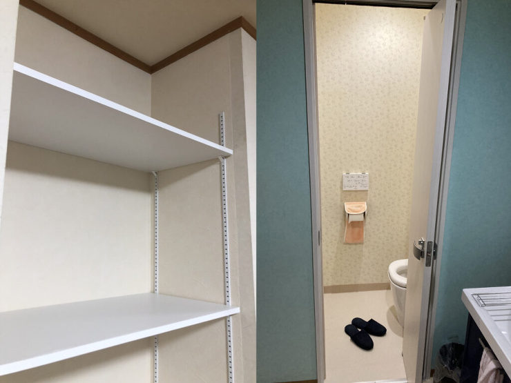 トイレのドアがリビングに接しているのが辛い…ドアの位置を変えることでお悩みを解消し、更には棚も造作しました！