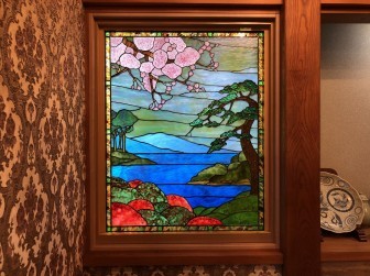 (117)奈良県生駒市F様邸 応接間 はめ殺し窓 風景＆和柄(サクラ.松.ツツジ) 施工前後比較写真・偽物ステンドグラス劣化にて交換(写真有り)