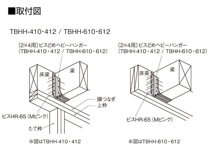 〔2×4用〕ビスどめヘビーハンガー取付図_TBHH-410・412_TBHH-610・612