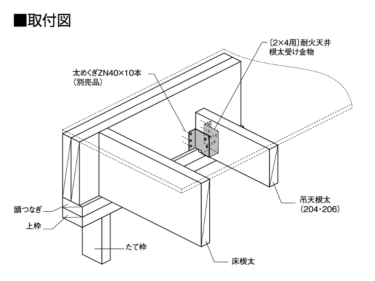 〔2×4用〕耐火天井根太受け金物取付図