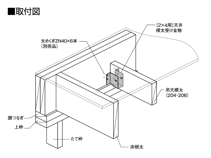〔2×4用〕天井根太受け金物取付図
