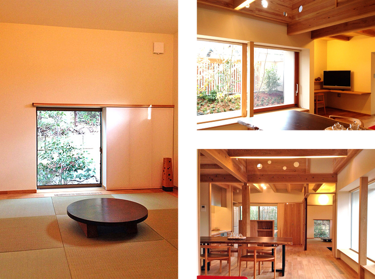 左) 和室の地窓からも緑が見えるよう工夫しています。右上) 大きな窓の前はベンチにしています。右下) 勝手口から和室の地窓まで一直線に風が通り抜けます。