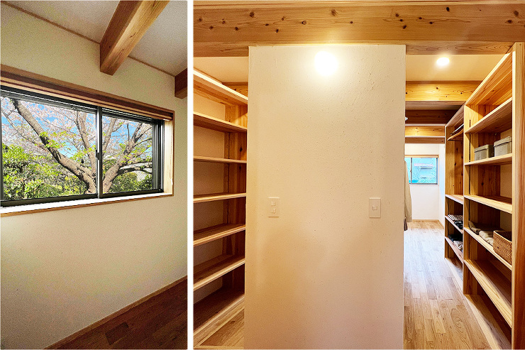 ご夫婦それぞれの書斎兼クローゼット。デスクからお庭を眺められる位置に窓を設けました。作業の合間の休憩も楽しめる空間です。