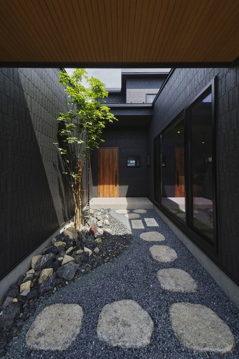 シンボルツリーが美しい、非日常的な玄関アプローチの画像