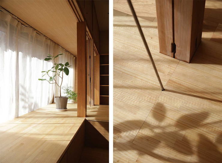 和モダンなデザインの住宅リフォーム・リノベーション,伝統的な住宅の耐震改修,窓際のベンチ収納に観葉植物が置かれ影を落としている