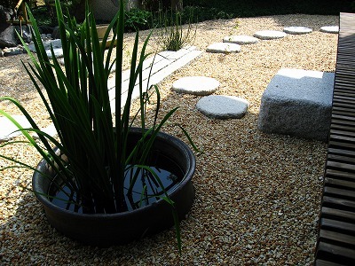水鉢に植栽を入れてワンポイントに