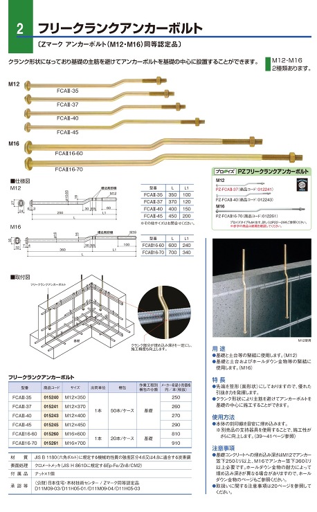 BXカネシン【フリークランクアンカーボルトFCA?　M12・M16】FCA?-35?他