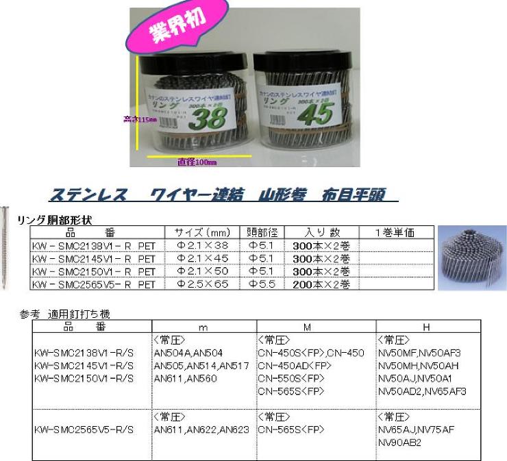 河南製鋲【ステンレス ワイヤー連結釘リング胴部 (山形巻)】KW-SMC2138V1-R PET?他