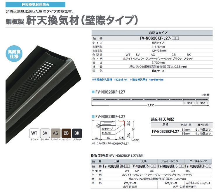 Joto(ジョートー)【鋼板製軒天換気材 (壁際タイプ)FV-N0626KF】本体　2730mm?他