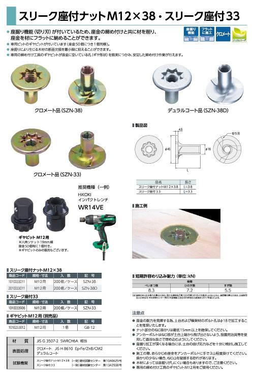 カナイ【スリーク座付ナット】M12用座金SZN-38?他