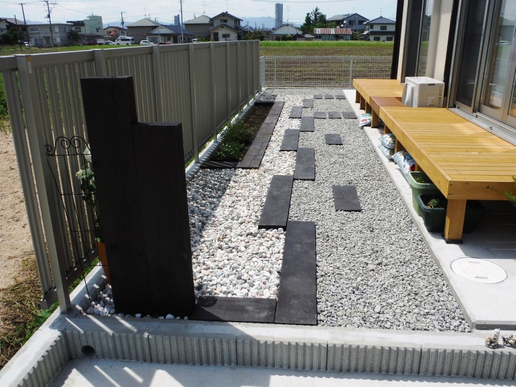 枕木で仕切ったオシャレな砂利敷きのお庭(郡山市-K様邸)