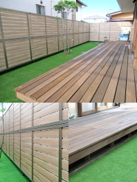 オーク色の目隠しフェンス×人工芝でナチュラルな庭に　柏市A邸