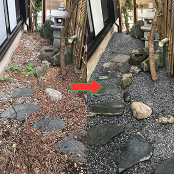 和風庭の砂利敷き＆防草シート リフォーム工事前と工事後