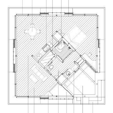 キッチン・バス・トイレの水回りをぐるりと囲む<bs>住まいのつくりが読み取れます　正方形の住まいです