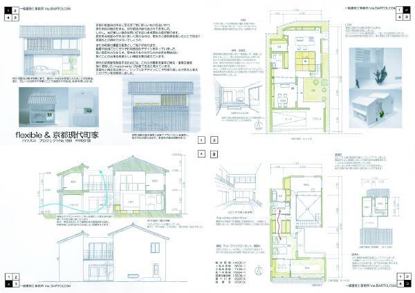 京都現代町家コンペの参加作品です。
私たちの提案は、「京町家の街並みを変えないシンプルな外観であり、また機能的であること」をコンセプトとしました。
伝統的な建築物の隣に、コンクリート打放しの四角い建物や金属の装飾で飾った無機質な建物。「こんなギャップや違和