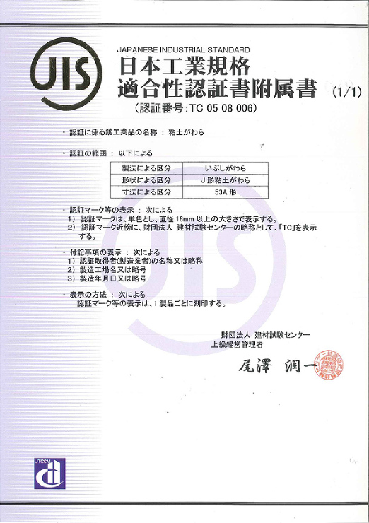 JIS認証書附属書（本社工場）