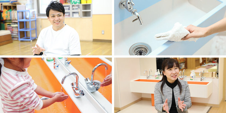 笑顔あふれる、カラフルな手洗い場 こどもが洗いやすいデザインは、先生に...