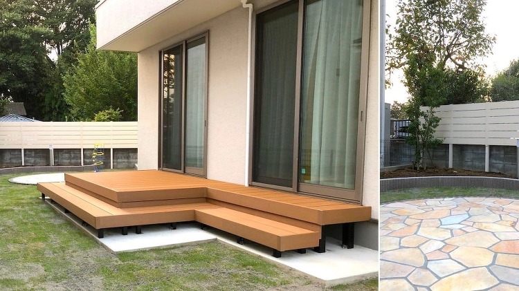 ウッドデッキと芝生のある高級ガーデン工事【目隠しフェンスで庭を囲った施...