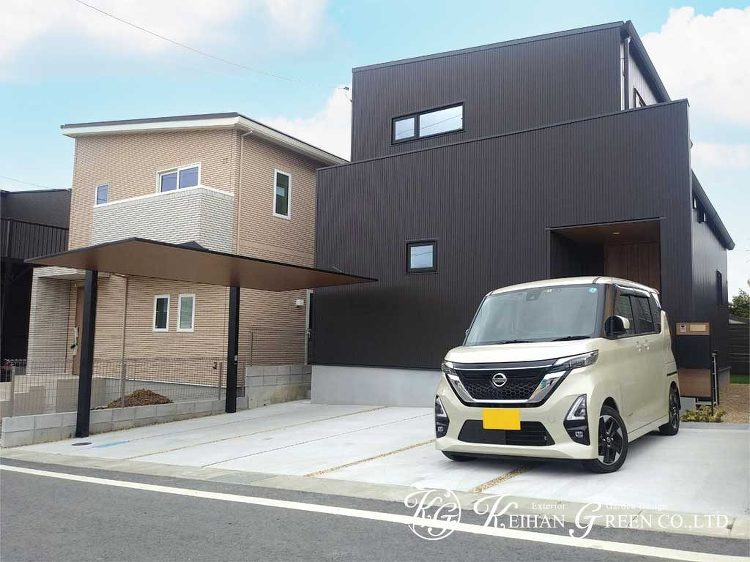 木調色がアクセント。ナチュラルモダンな新築外構 大津市 | 京阪グリー...